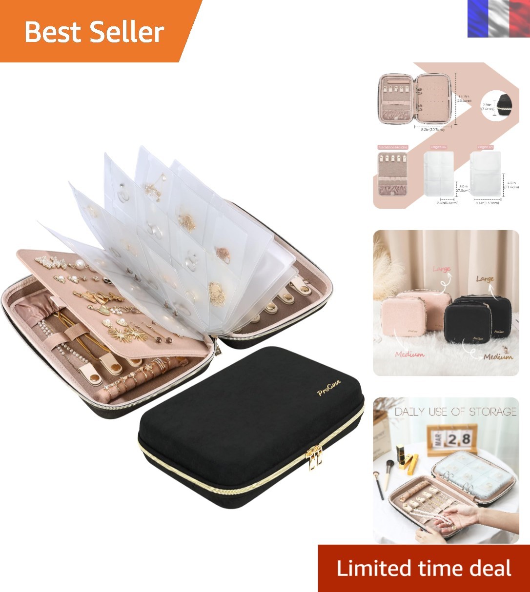 Pochette à bijoux ProCase de luxe en cuir de saffiano noir pour montres et bagues