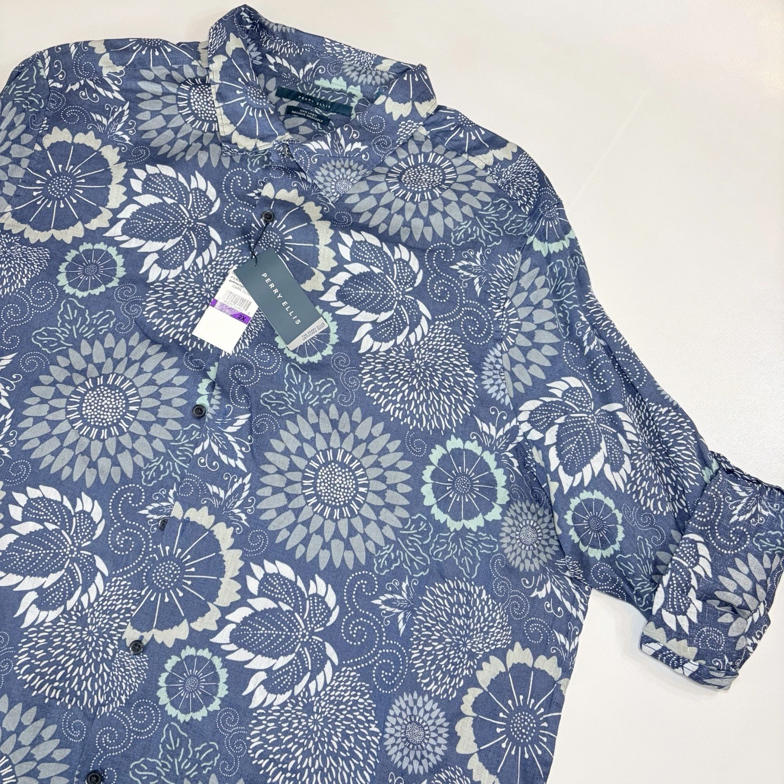 Perry Ellis 100% Linen Shirt 2X Blue Floral Untucked Button Front NWT