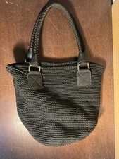 The Sak Large Woven Handbag Leather Trim Black Shoulder Purse 