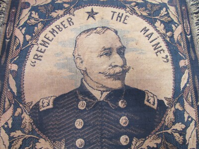 #ad REMEMBER THE MAINE ADMIRAL DEWEY Old Tapestry Artwork Textile Decorative Arts $595.00