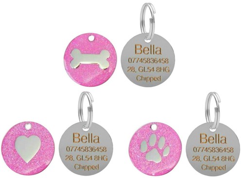 Dog Cat Pet Tag Engraved Reflective Collar ID Tags 25mm Glitter Various Designs - Picture 8 of 11