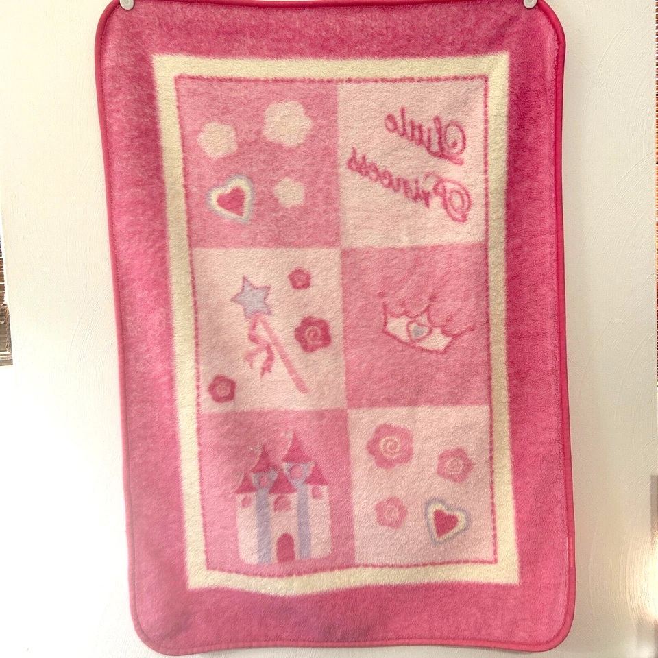Pink Little Princess Baby Blanket Luxe Fleece Castle Crown Wand Squares Hearts - Image 2 of 4
