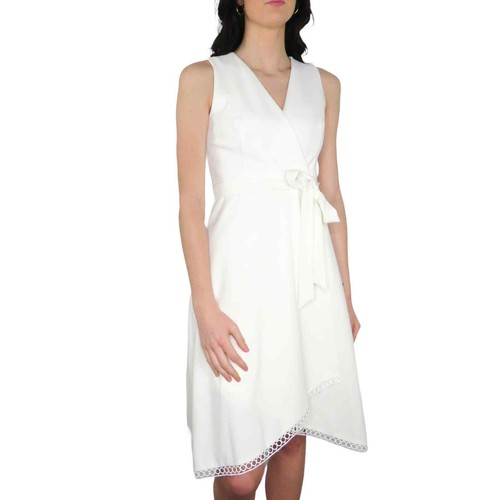 DKNY White Wrap Dress Embroidered Hem Formal Midi Dress Sleeveless Size 8