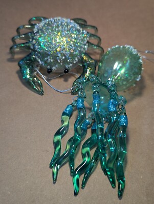 BLOWN GLASS OCTOPUS 6 3/4'' CRAB 4 1/4'' ORNAMENTS GLITTER & BEADS UNMARKED