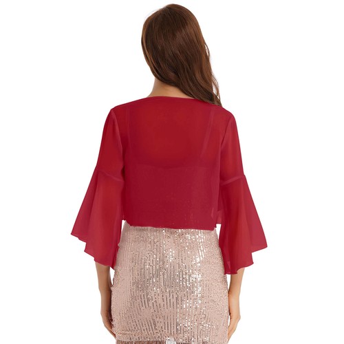 Women Chiffon 3/4 Bell Sleeve Open Front Sheer Shrug Bolero Cardigan Crop Tops - Picture 28 of 38