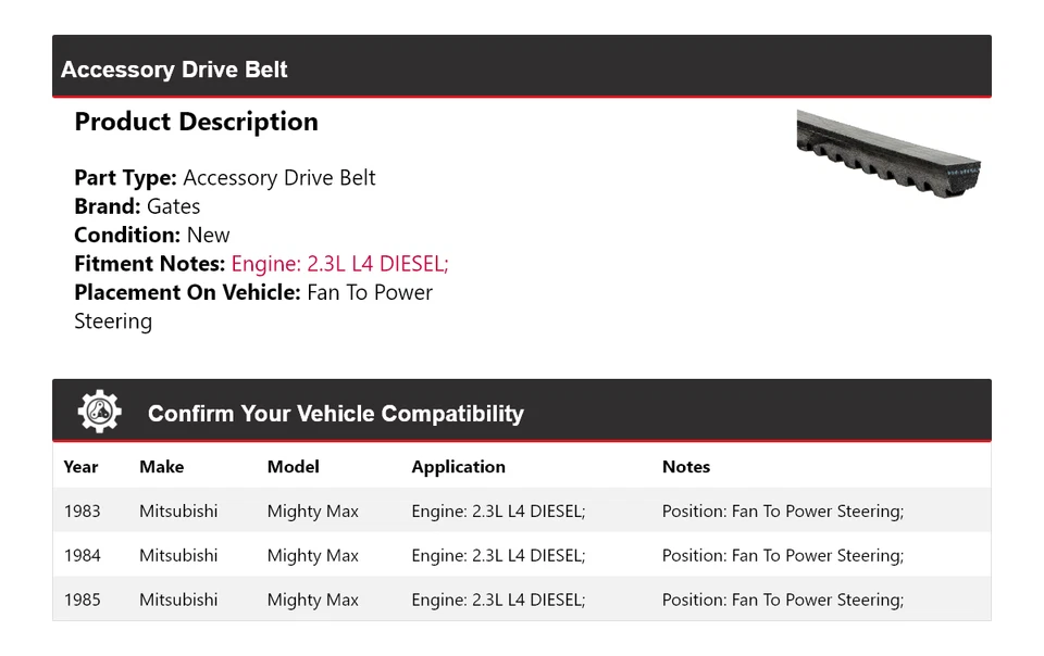 For 1983-1985 Mitsubishi Mighty Max Drive Belt Fan To Power Steering Gates 1984 - Image 2 of 4