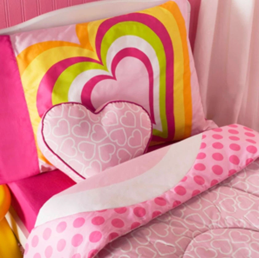 TODDLER BED SIZE - Little Miss Matched - Hearts Pink 4-Pc REVERSIBLE BEDDING SET