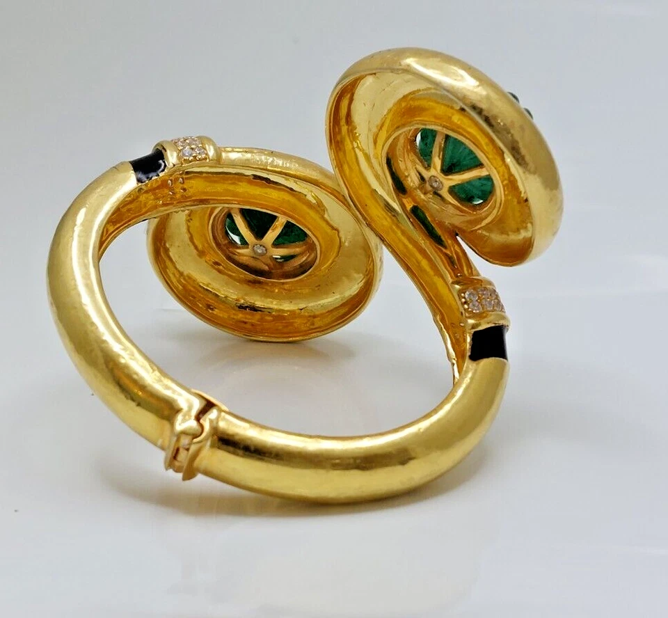 14k Yellow Gold Plated Emerald Cuff Bracelet 0.89 Ct Round Moissanite & Enamel - Image 4 of 4