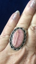 Pink, White Swirl Oval Rhodochrosite Flower Ring Size 7 Artisan Southwest