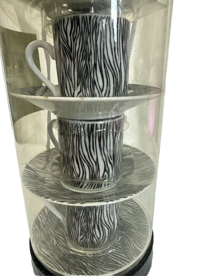 4 tazas y platillos espresso de porcelana nuevos con estampado de cebra blanco y negro Foto 2 de 3