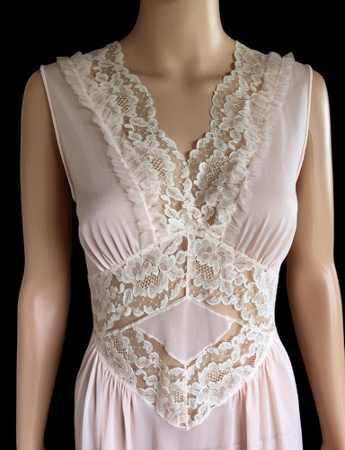 Vintage 40s Pink Long Gotham Gold Stripe Nightgown Sheer Lace Chiffon Ruffle 34 - Picture 4 of 19