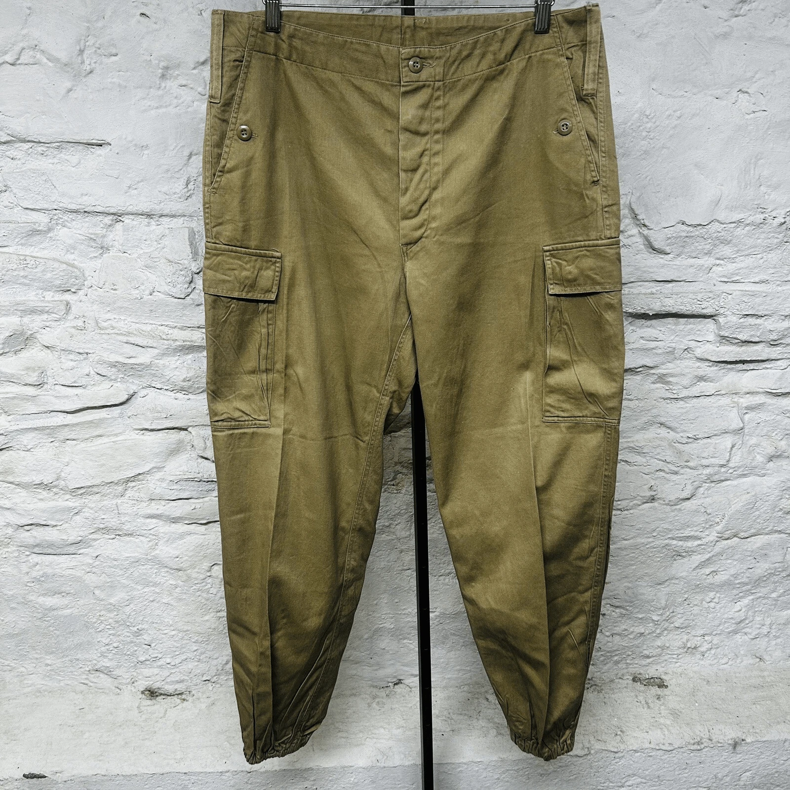 Military Cargo Jogger Pants Khaki Paratrooper Button Fly Army Vintage