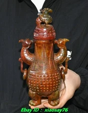 8.6''Chinese Old Jade Carving Fengshui Bird Ear Bottle Vase Statue Sculpture