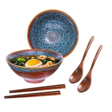 2x Ceramic Ramen Bowls - 40 oz - 20cm - With Spoon and Chopsticks for Ramen S...