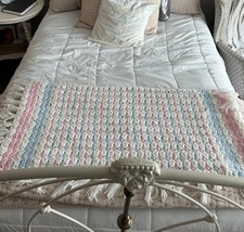 Vintage 1970  s Handmade Crocheted Baby Blanket w/fringe