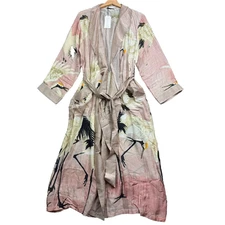 ONE HUNDRED STARS Dressing Gown Stork Pink Bird Kimono Dress Duster Coat Long