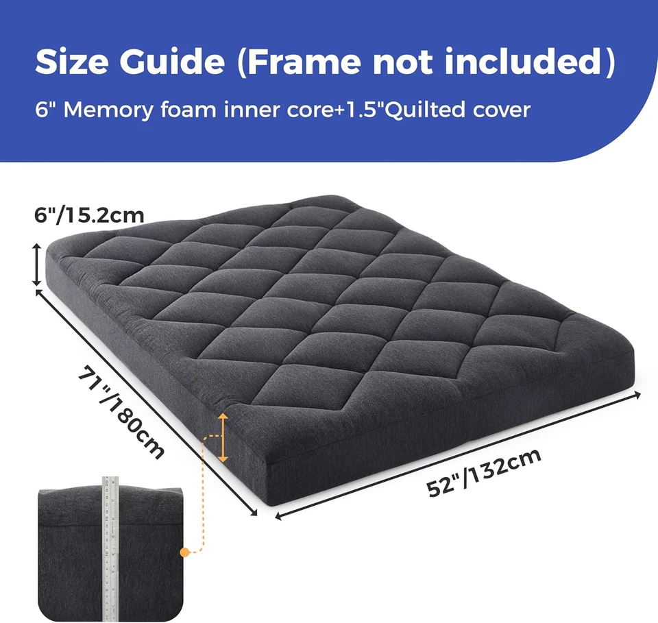 6" Full Size Pillow Top Futon Mattress(Frame Not Included), Gel Memory Foam - Image 2 of 4
