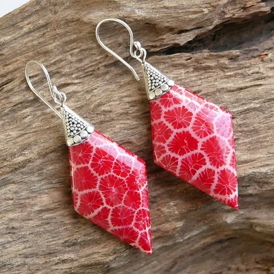 Red Coral 925 Sterling Silver Kite Shape Large Earrings Jewellery - EA116 - Image 1 of 4