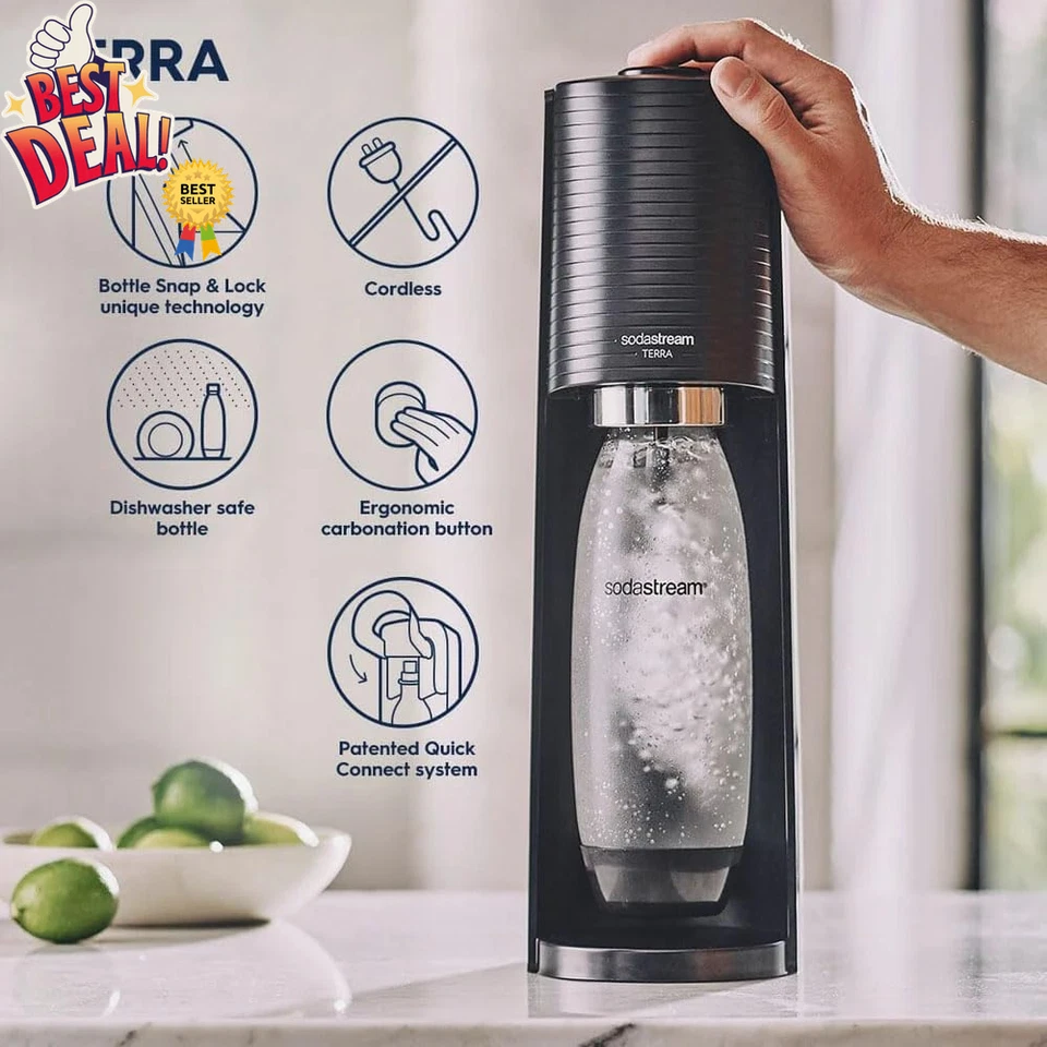 TERRA Black Sparkling Water Maker with CO2, Reusable Bottle – Stylish Kitchen - image 4 of 4
