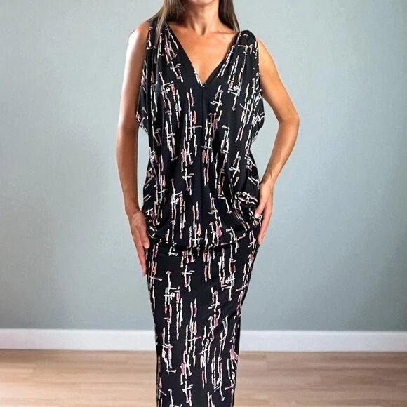 T-BAG Лос-Анджелес погружение кимоно стиль черный напечатано макси платье размер XS - Изображение 2 из 4