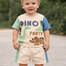 NEW Todlers Boy's Dinosaur Party Shirt/Short Set 18-24 Months Beige #0768
