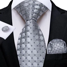 Fashion Mens Tie Silver Grey Geometric Necktie Handkerchief Cufflinks Set Party