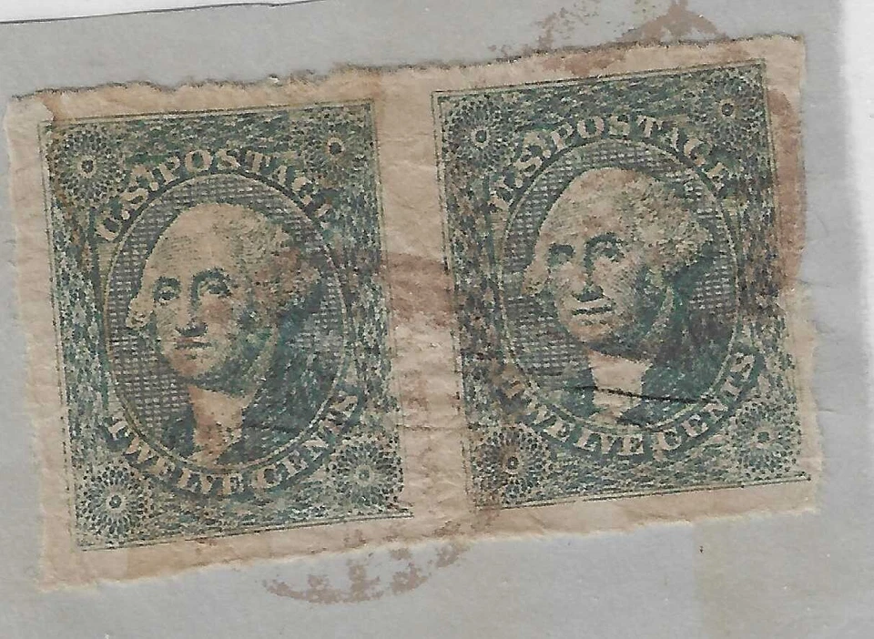 US Scott # 17, 12 cent black ,Imperf Pair , Cambridge piece, 1851 - Image 2 of 2