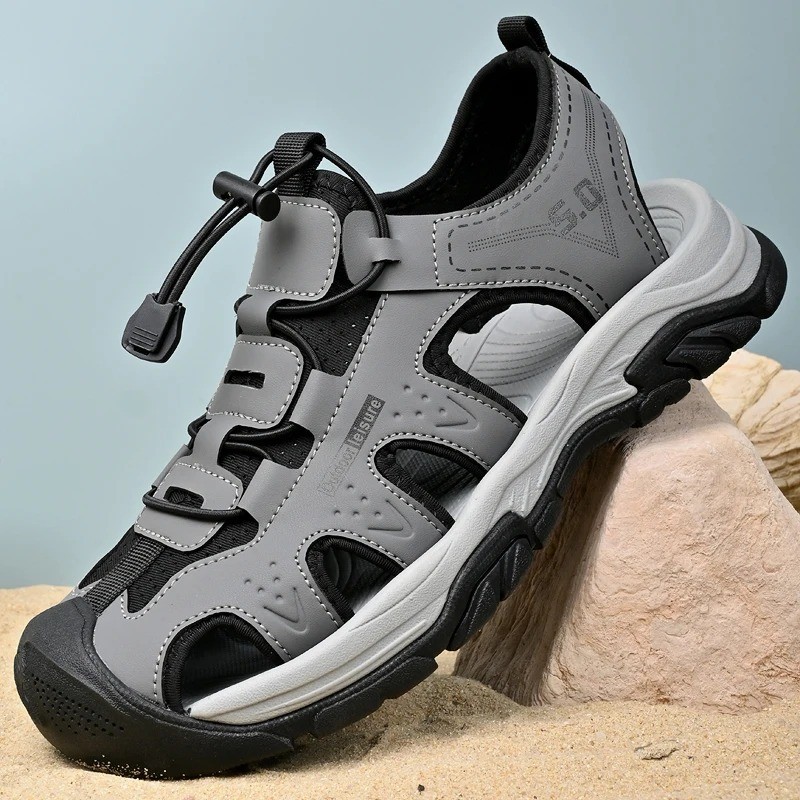 Chaussures d'été homme cuir PU sandales plates de marche légères marron