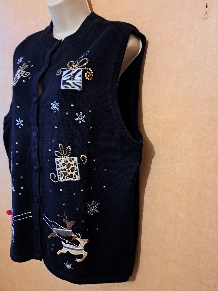 CJ Banks Sweater Vest Black Ladies 1X Button Up  Embelished Y2K Ramie Cotton - Image 2 of 4