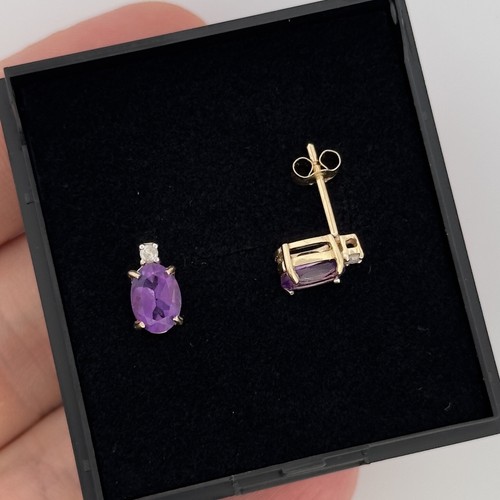 9ct Yellow Gold 1.50ct Amethyst & Diamond Cluster Stud Earrings - Picture 3 of 4