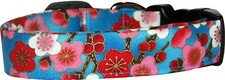Pink Red  White Asian Blossoms On Aqua Handmade Dog Collar
