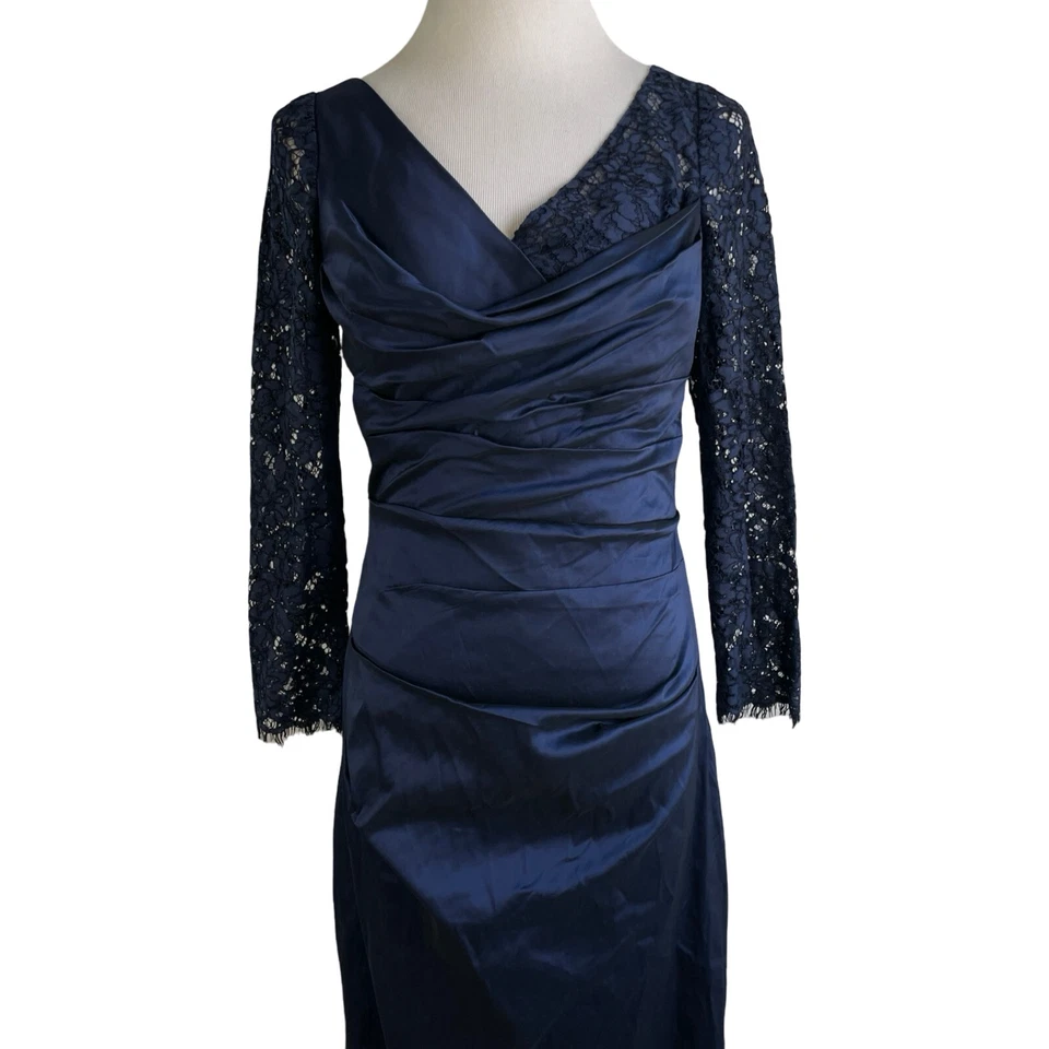 Maxi Vestido Rickie Freeman Teri Jon Talla 2 Nuevo con Etiquetas Azul Marino Tafetán y Encaje Foto 2 de 4