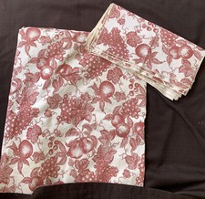 Terrisol Tablecloth Toile Oblong 55x77 Red Fruit Garden Floral 6 Napkins Cotton