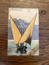 1911 POSTCARD FISHING BOAT ON A LAKE In Full Sail Litho Orsoni Process 194a