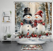 Retro Cute Snowman and Winter Pine Tree Shower Curtain Bathroom Accessories Set