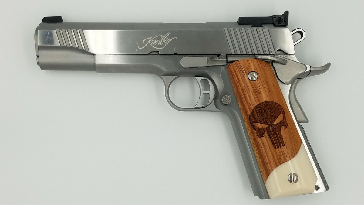 1911 Custom Grip Laser Engraved Punisher on Wood and Faux Ivory