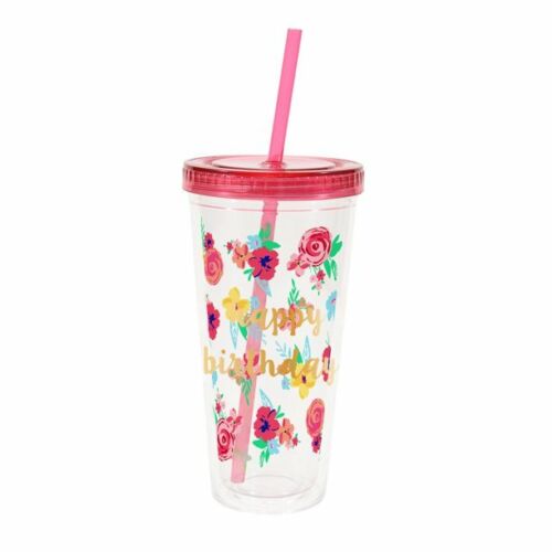 Pioneer Woman Acrylic Tumbler Double Walled W/Straw Floral Happy Birthday 24oz - Picture 1 of 4