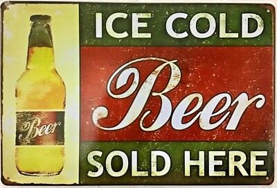 TIN SIGN 8x12 Ice cold beer sold here for sale snack bar restaurant vintage A94