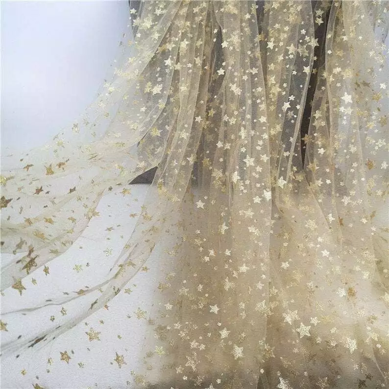 59 Wide Gold Star Glitter Lace Fabric DIY Bridal Wedding Mesh Dress By the  Yard