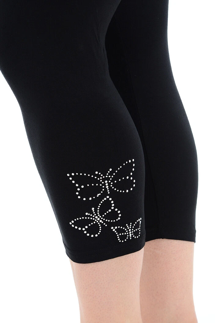 Ladies Plus Size 3/4 Stretch Butterfly Embellished Diamante Crop Leggings  12-30