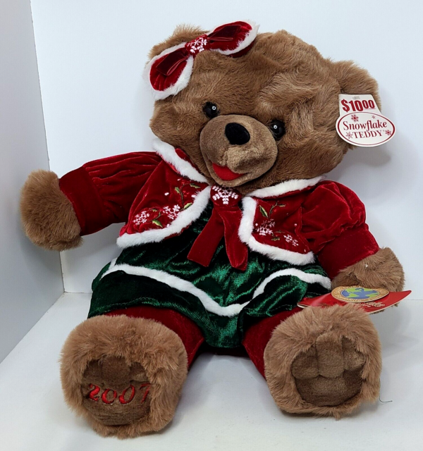 2007 Christmas Snowflake Teddy Bear Brown Girl 20” Red Green Outfit NOS 2007