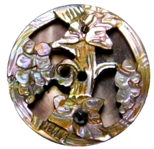 Antique Carved Purple/Pink Abalone Pearl Shell BUTTON w Grapes NICE 11/16
