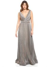 Rene Ruiz Shimmering Metallic Bronze Pleated Evening Gown Dress 8 1295 NWT