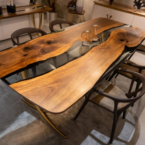 Mesa de cena de resina de nogal de borde vivo, torsos de losa de nogal, mesa de cocina de resina epoxi - Imagen 1 de 13