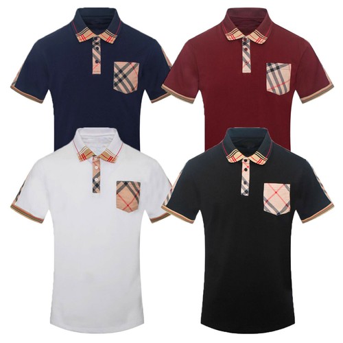Mens Polo Shirt Designer Italian Khaki Plaid Shoulder Stripe Slim Fit Pocket - 第 1/9 張圖片