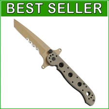 Lightweight Serrated Folding Knife with Desert Tan G10 Handle - Perfect for EDC