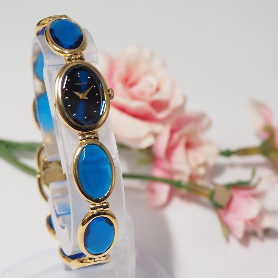美品 セイコー SEIKO ラサール バングルウォッチ 腕時計 F508 Seiko LaSalle Bangle Watch Ladies Quartz F508 Gold Blue