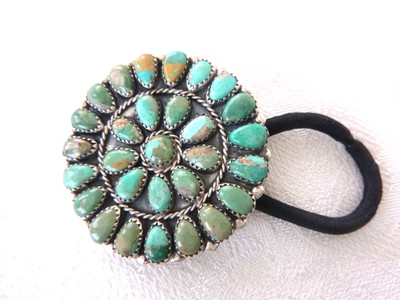 NEW Signed DLW Navajo 2'' Turquoise Rosette Hair Wrap Tie 925 Sterling Silver