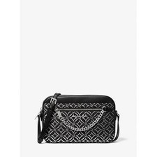 NWT Michael Kors Jet Set Large Metallic Logo Jacquard Crossbody Bag Silver OS