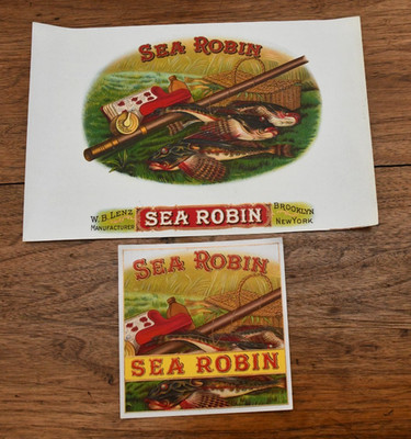 c1890's SEA ROBIN Fishing (Rod Reel Flies) Scene Cigar Box Inner & End Label